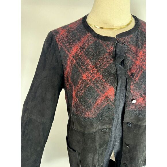 Free People Black Leather Jacket Size Large Suede Buffalo Plaid Grunge Dark Acad - Picture 14 of 16
